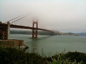 Bridge in fog- hard to see the far bank